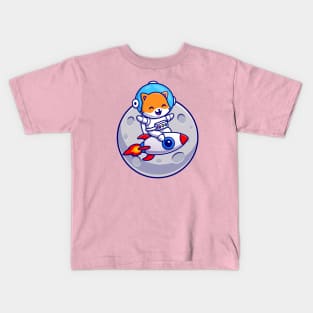 Cute Astronaut Cat Riding Rocket Cartoon Kids T-Shirt